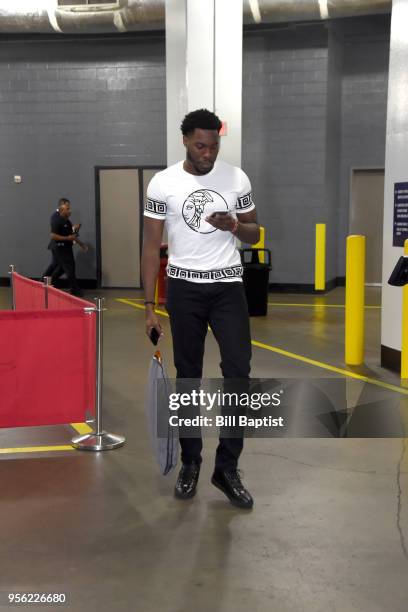 Chinanu Onuaku of the Houston Rockets arrives at the arena before the game against the Utah Jazz in Game Five of the Western Conference Semifinals of...