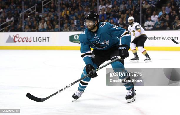 Eric Fehr of the San Jose Sharks in action against the Vegas Golden Knights during Game Six of the Western Conference Second Round during the 2018...