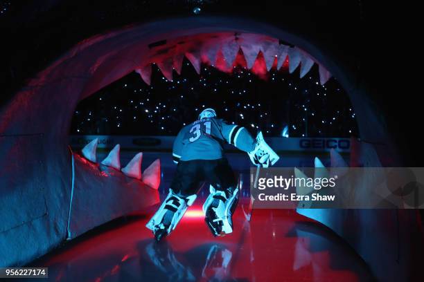Martin Jones of the San Jose Sharks skates on to the ice for their game against the Vegas Golden Knights in Game Six of the Western Conference Second...
