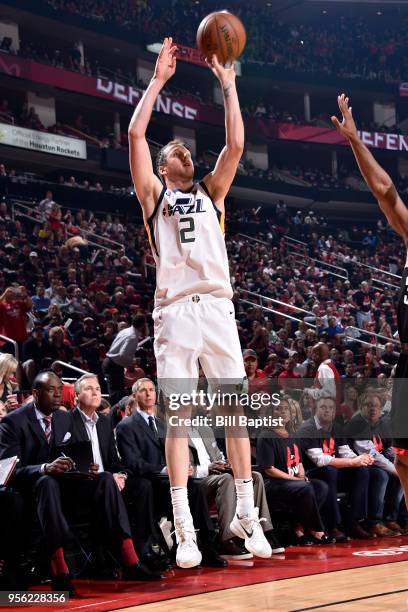 Joe Ingles of the Utah Jazz shoots the ball against the Houston Rockets in Game Five of the Western Conference Semifinals of the 2018 NBA Playoffs on...