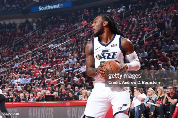 Jae Crowder of the Utah Jazz handles the ball against the Houston Rockets during Game Five of the Western Conference Semifinals of the 2018 NBA...