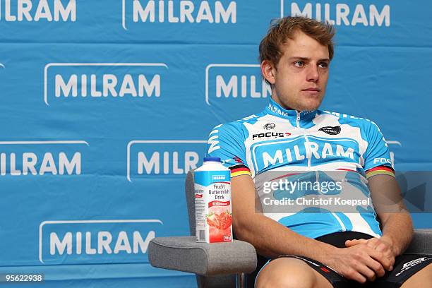Gerald Ciolek of Team Milram is seen during a press conference to present the Milram cycling team at the Signal Iduna Park on January 7, 2010 in...