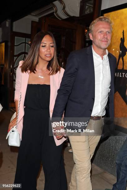 Myleene Klass leaving Hamilton the Musical at the Victoria Palace Theatre on May 8, 2018 in London, England.