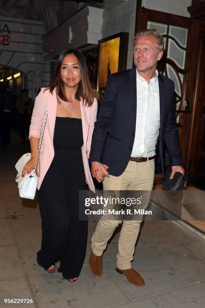 Myleene Klass leaving Hamilton the Musical at the Victoria Palace Theatre on May 8, 2018 in London, England.