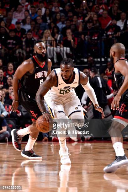 Jae Crowder of the Utah Jazz handles the ball against the Houston Rockets in Game Five of the Western Conference Semifinals of the 2018 NBA Playoffs...
