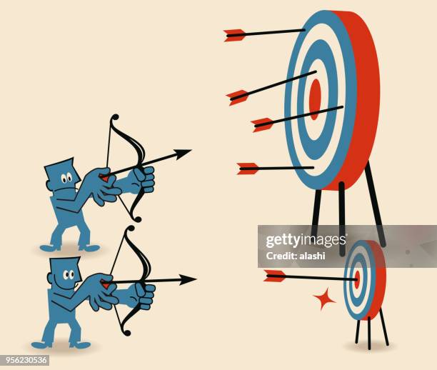 archery contest, businessman aiming at smaller target and shooting on bull's-eye of dartboard - niche stock illustrations