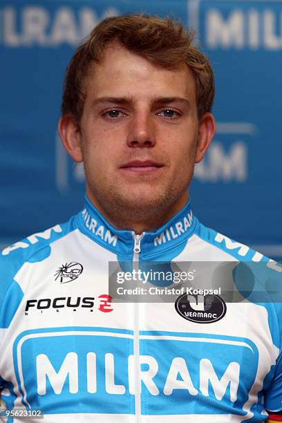 Gerald Ciolek of Team Milram poses during a press conference to present the Milram cycling team at the Signal Iduna Park on January 7, 2010 in...