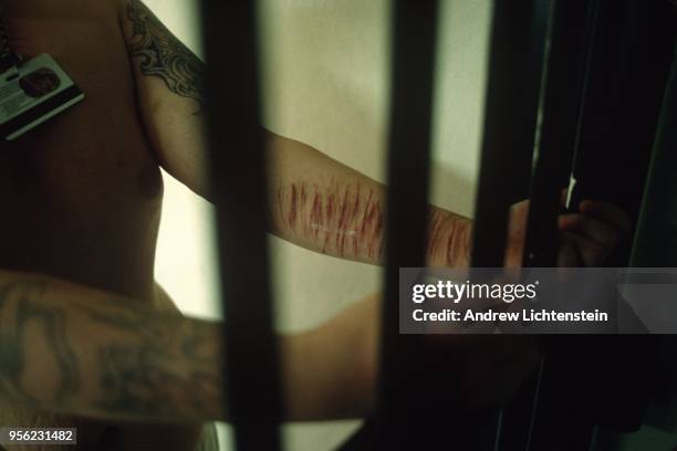 Young prisoner, pleading for a cell transfer because he is being bullied by other prisoners, shows signs of self-cutting, May 1 at the Stiles Unit in...
