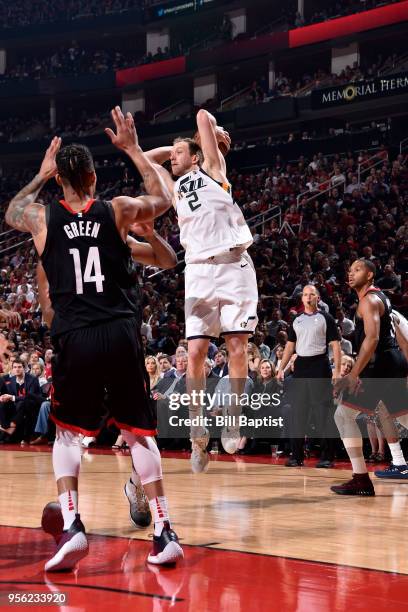 Joe Ingles of the Utah Jazz looks to pass the ball against the Houston Rockets in Game Five of the Western Conference Semifinals of the 2018 NBA...