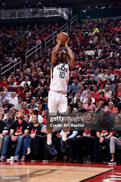 Alec Burks of the Utah Jazz shoots the ball against the Houston Rockets in Game Five of the Western Conference Semifinals of the 2018 NBA Playoffs on...