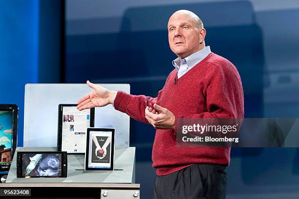 Steve Ballmer, chief executive officer of Microsoft Corp., speaks about e-reader technology powered by Windows software during the 2010 International...