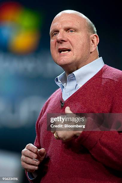 Steve Ballmer, chief executive officer of Microsoft Corp., speaks about Windows 7 operating system software during the 2010 International Consumer...