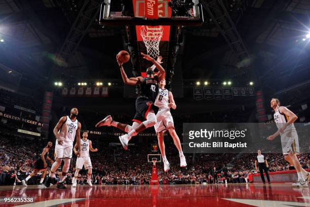 Nene Hilario of the Houston Rockets goes to the basket against the Utah Jazz in Game Five of the Western Conference Semifinals of the 2018 NBA...