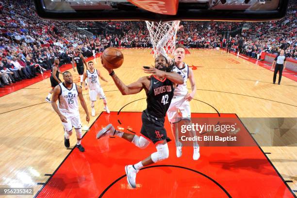 Nene Hilario of the Houston Rockets goes to the basket against the Utah Jazz in Game Five of the Western Conference Semifinals of the 2018 NBA...