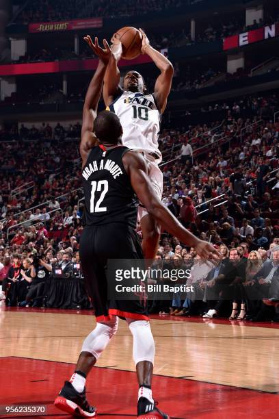 Alec Burks of the Utah Jazz goes to the basket against the Houston Rockets in Game Five of the Western Conference Semifinals of the 2018 NBA Playoffs...