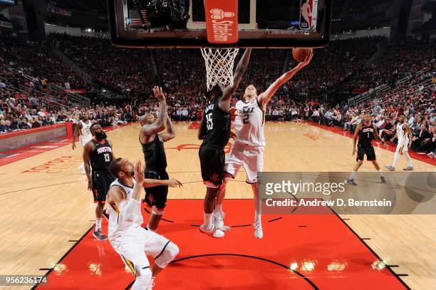 Joe Ingles of the Utah Jazz goes to the basket against the Houston Rockets during Game Five of the Western Conference Semifinals of the 2018 NBA...