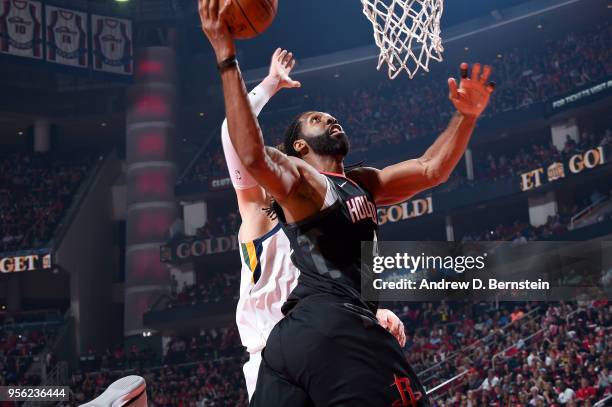 Nene Hilario of the Houston Rockets goes to the basket against the Utah Jazz during Game Five of the Western Conference Semifinals of the 2018 NBA...