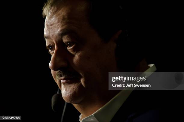 Senate Republican primary candidate Don Blankenship is interviewed by media outlets following the closing of the polls May 8, 2018 in Charleston,...