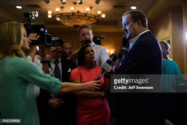 Senate Republican primary candidate Don Blankenship is interviewed by media outlets following the closing of the polls May 8, 2018 in Charleston,...