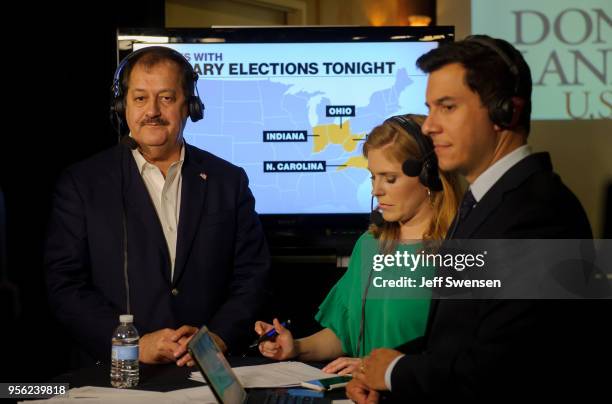 Senate Republican primary candidate Don Blankenship is interviewed by media outlets following the closing of the polls May 8, 2018 in Charleston,...