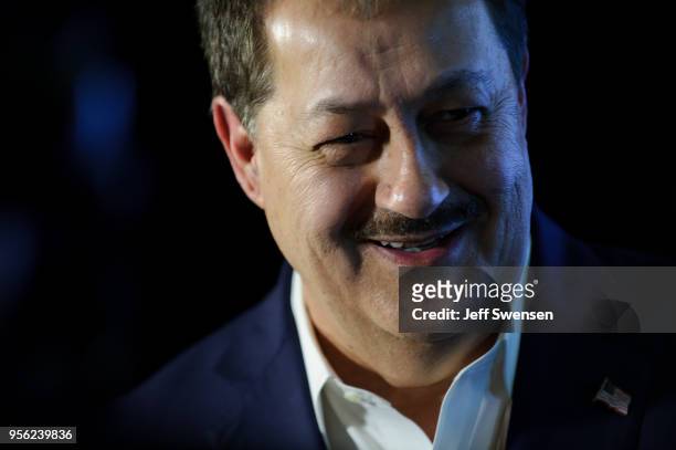 Senate Republican primary candidate Don Blankenship is interviewed by media outlets following the closing of the polls May 8, 2018 in Charleston,...