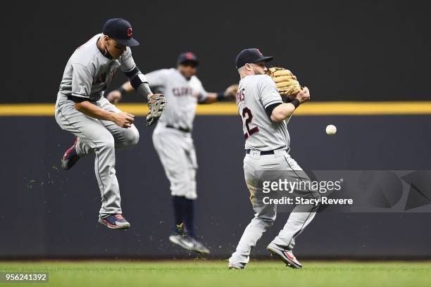 Jason Kipnis and Brandon Guyer of the Cleveland Indians collide during the fourth inning of a game against the Milwaukee Brewers at Miller Park on...