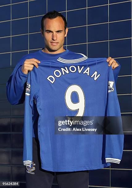 Landon Donovan joins Everton on a two-and-a-half-month loan deal from Los Angeles Galaxy at Finch Farm Training Complex on January 7, 2010 in...