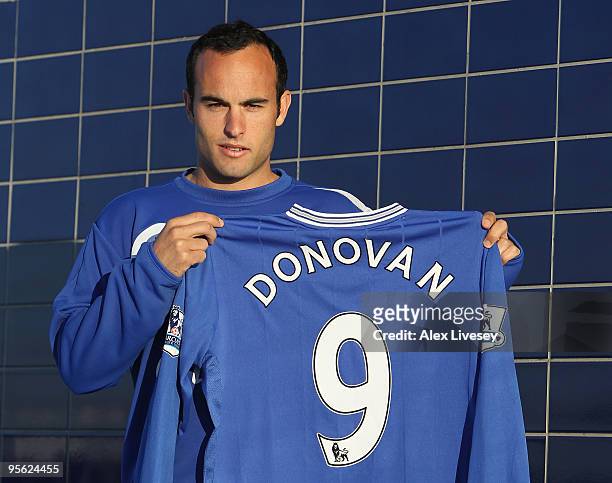 Landon Donovan joins Everton on a two-and-a-half-month loan deal from Los Angeles Galaxy at Finch Farm Training Complex on January 7, 2010 in...