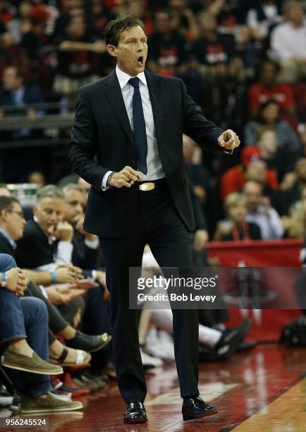 Head coach Quin Snyder of the Utah Jazz during Game Five of the Western Conference Semifinals of the 2018 NBA Playoffs at Toyota Center on May 8,...