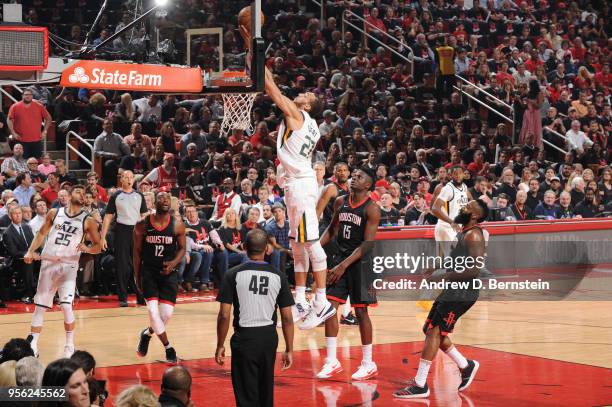 Rudy Gobert of the Utah Jazz goes to the basket against the Houston Rockets during Game Five of the Western Conference Semifinals of the 2018 NBA...