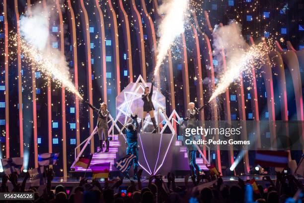 Saara Aalto from Finland performs during Eurovision Song Contest first semi final on May 8, 2018 in Lisbon, Portugal.