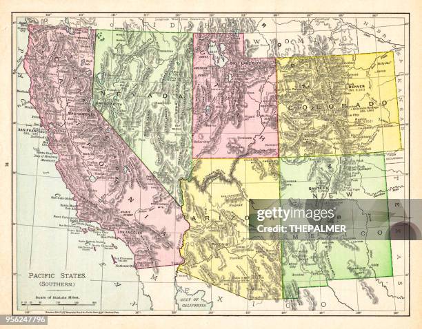 map of pacific states usa 1895 - arizona map stock illustrations