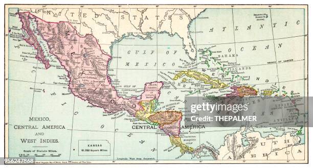 ilustrações, clipart, desenhos animados e ícones de mapa do méxico e antilhas 1895 - américa central