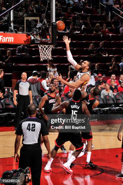 Rudy Gobert of the Utah Jazz shoots the ball against the Houston Rockets in Game Five of the Western Conference Semifinals of the 2018 NBA Playoffs...