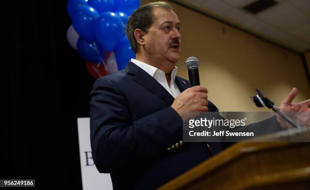 Senate Republican primary candidate Don Blankenship addresses supporters following a poor showing in the polls May 8, 2018 in Charleston, West...