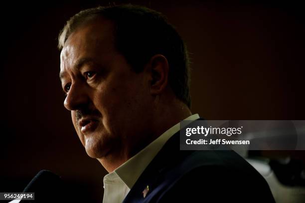 Senate Republican primary candidate Don Blankenship is interviewed by media outlets following the closing of the polls May 8, 2018 in Charleston,...