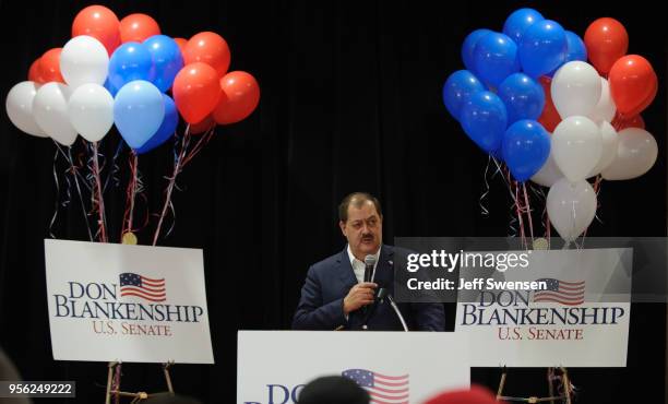 Senate Republican primary candidate Don Blankenship addresses supporters following a poor showing in the polls May 8, 2018 in Charleston, West...