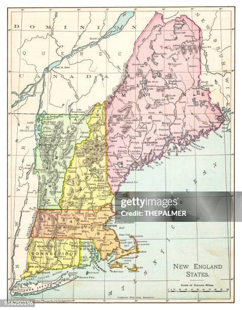 stockillustraties, clipart, cartoons en iconen met kaart van new england staat 1895 - new england verenigde staten