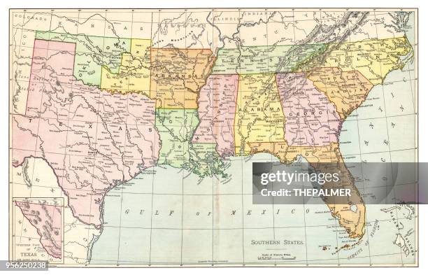 illustrations, cliparts, dessins animés et icônes de carte des etats du sud 1895 - southern usa