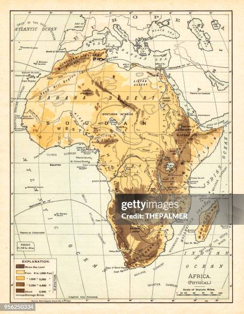 illustrazioni stock, clip art, cartoni animati e icone di tendenza di mappa fisica dell'africa 1895 - sahara