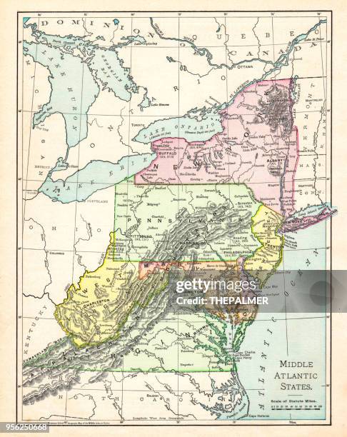 ilustrações, clipart, desenhos animados e ícones de mapa dos estados do atlântico médio eua 1895 - pensilvânia