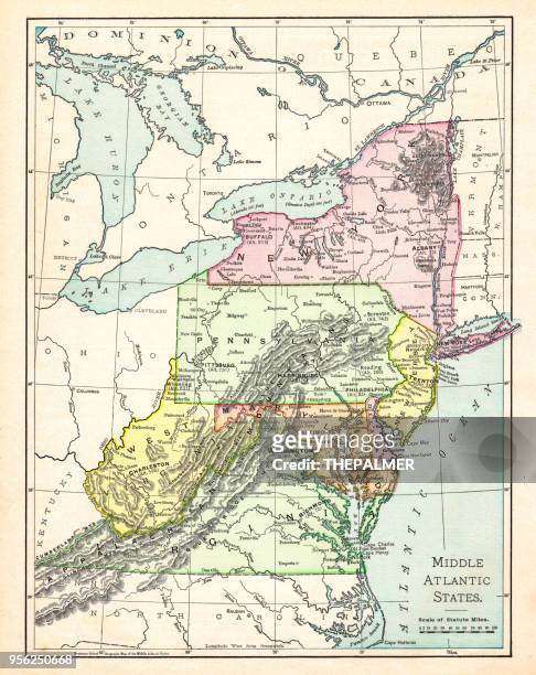 map of middle atlantic states usa 1895 - pennsylvania map stock illustrations