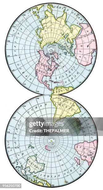 stockillustraties, clipart, cartoons en iconen met kaart van de noordelijke en zuidelijke halfrond van 1895 - mapa mundi