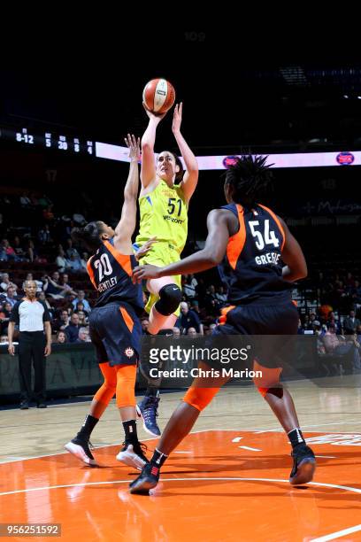 Natalie Butler of the Dallas Wings shoots the ball against the Connecticut Sun during a pre-season game on May 8, 2018 at Mohegan Sun Arena in...