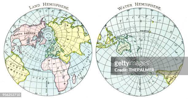 map of the land and earth hemispheres 1895 - mapa mundi stock illustrations