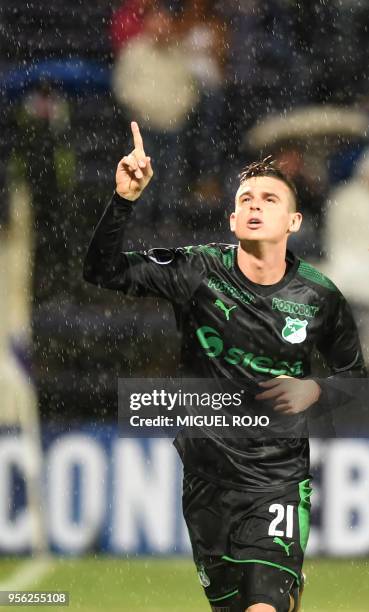 Colombia's Deportivo Cali midfielder Nicolas Benedetti celebrates after scoring against Uruguay's Danubio during their Copa Sudamericana football...