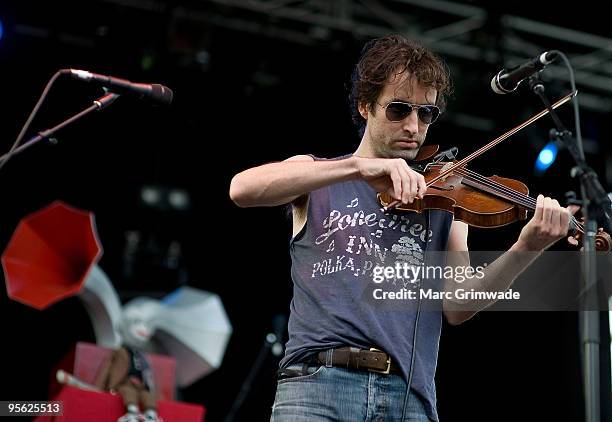 Andrew Bird performs on the second day of the Sunset Sounds 2010 music festival at Brisbane Botanical and City Gardens on January 7, 2010 in...