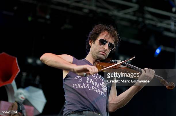 Andrew Bird performs on the second day of the Sunset Sounds 2010 music festival at Brisbane Botanical and City Gardens on January 7, 2010 in...