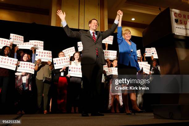 Democratic Gubernatorial candidate Richard Cordray is welcomed to the stage by his candidate for Lieutenant Governor Betty Sutton, after wining the...