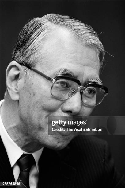 Yamato Transport Chairman Masao Ogura speaks during the Asahi Shimbun interview on November 28, 1990 in Tokyo, Japan.